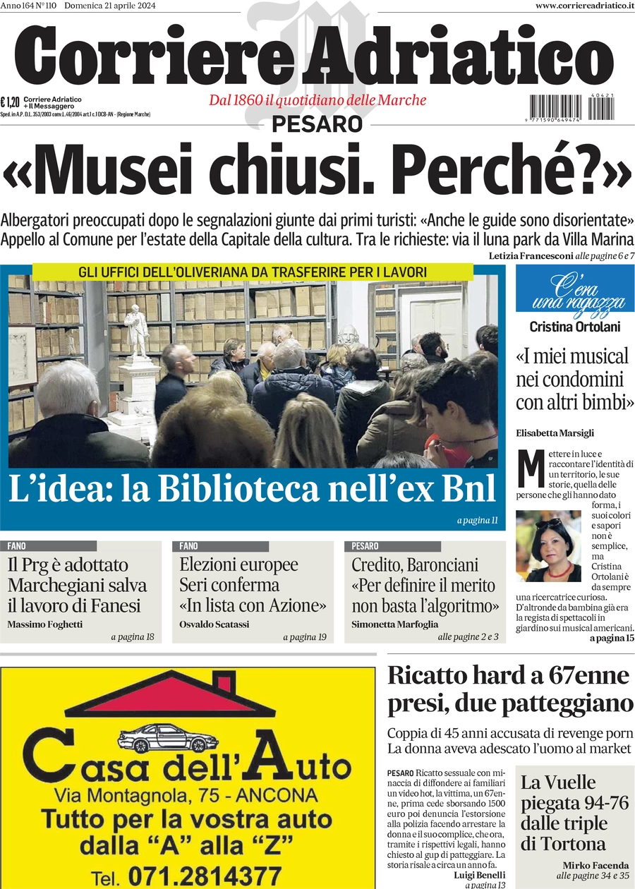 anteprima della prima pagina di corriere-adriatico-pesaro del 21/04/2024