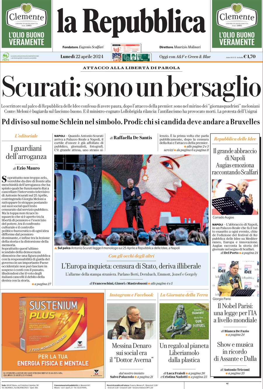 prima pagina - La Repubblica del 22/04/2024