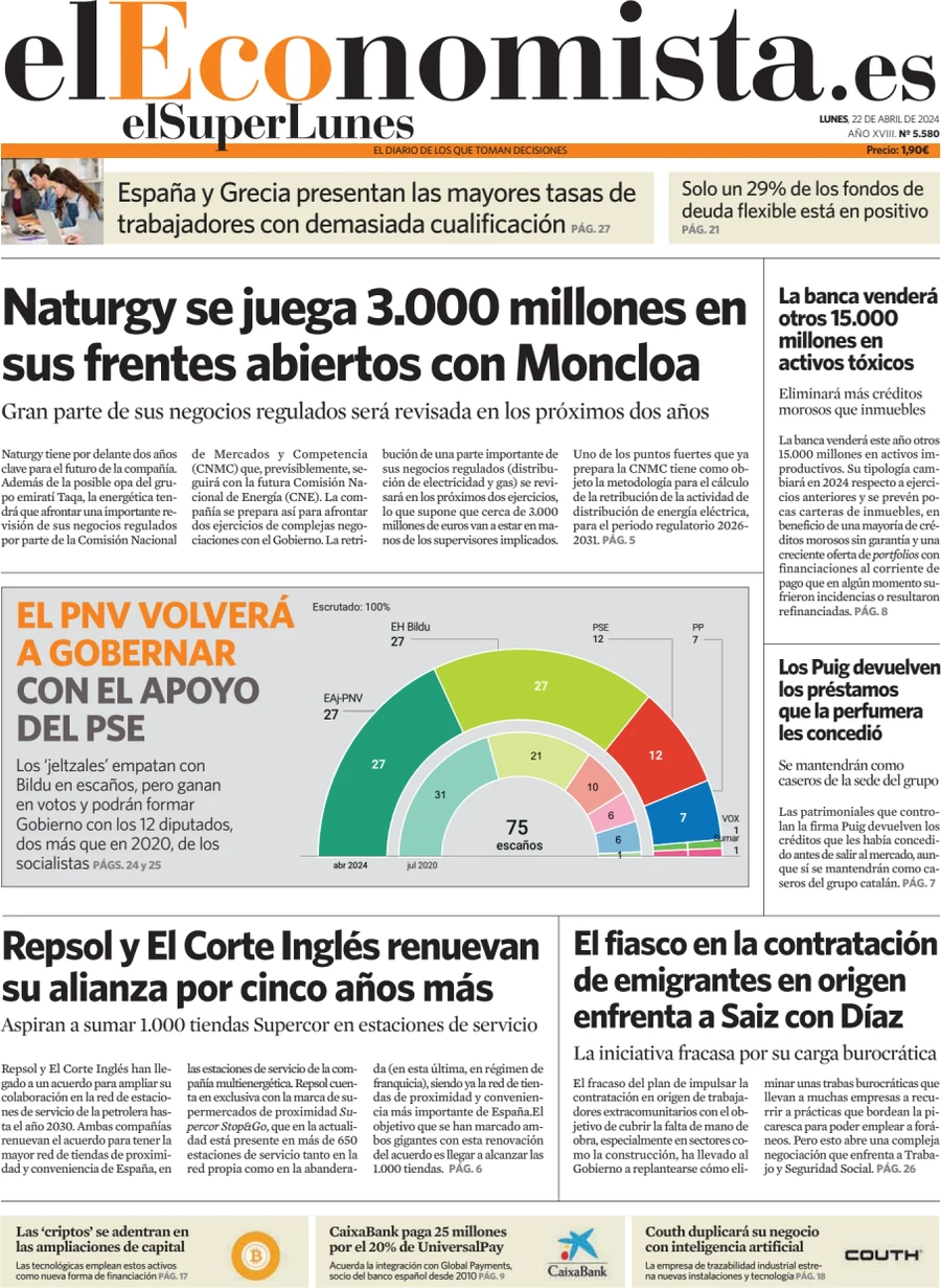 prima pagina - El Economista del 22/04/2024