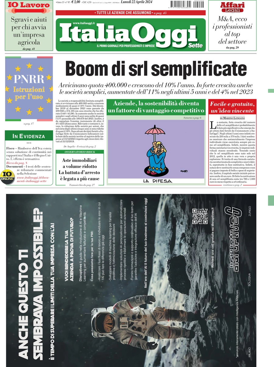 prima pagina - ItaliaOggi del 22/04/2024
