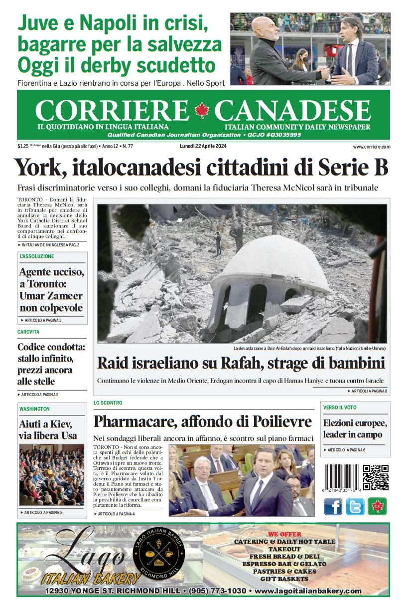prima pagina - Corriere Canadese del 22/04/2024