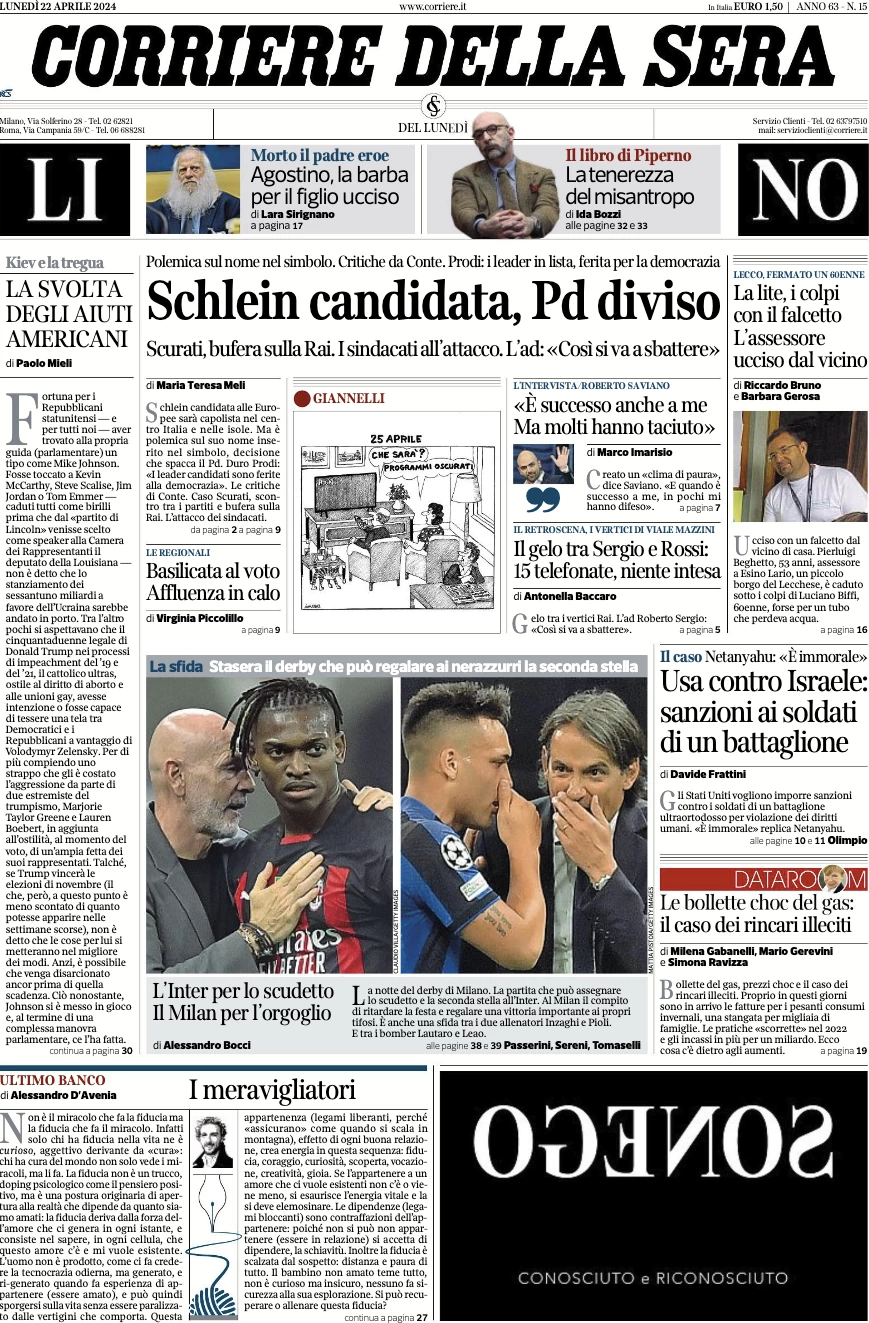 prima pagina - Corriere della Sera del 22/04/2024
