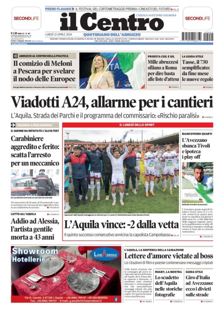 prima pagina - Il Centro (L'Aquila) del 22/04/2024