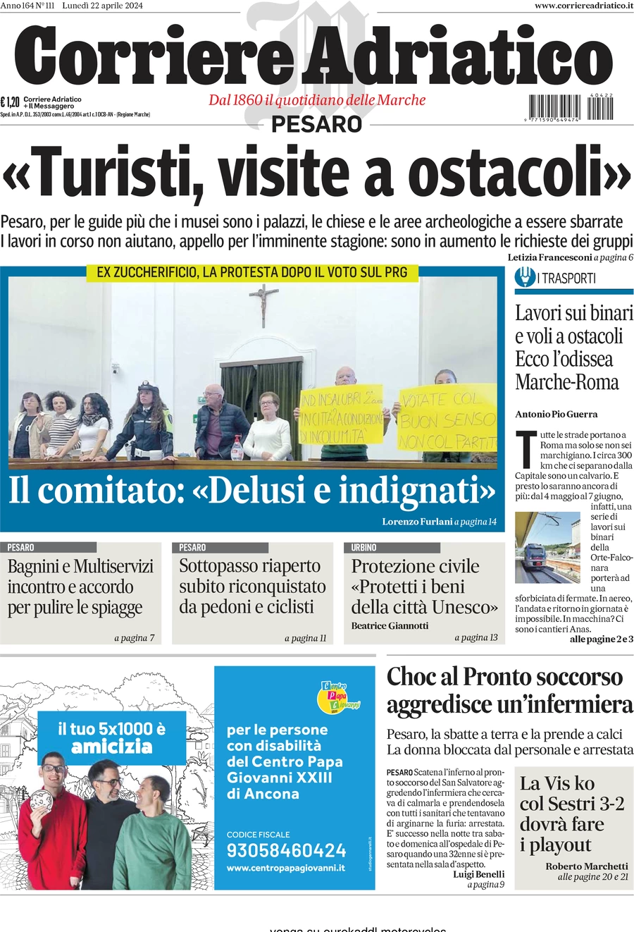 anteprima della prima pagina di corriere-adriatico-pesaro del 22/04/2024