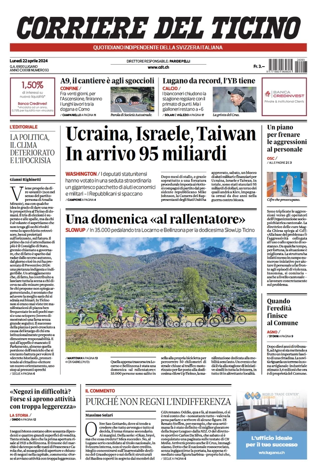 prima pagina - Corriere del Ticino del 22/04/2024