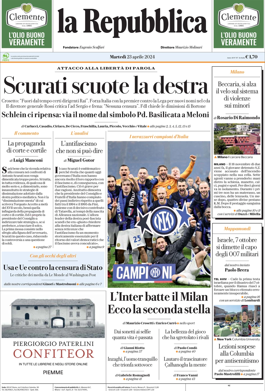 prima pagina - La Repubblica del 23/04/2024