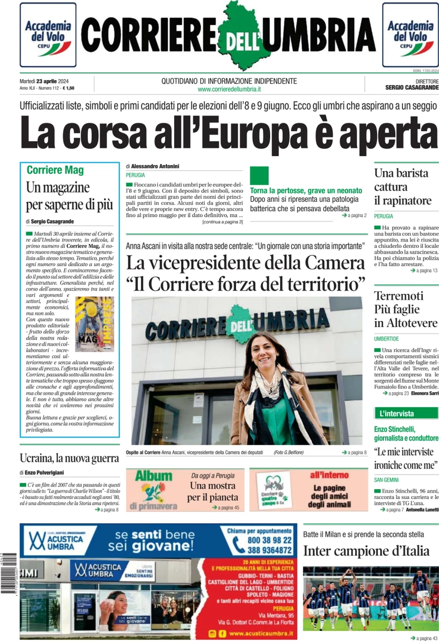 anteprima della prima pagina di corriere-dellumbria del 23/04/2024