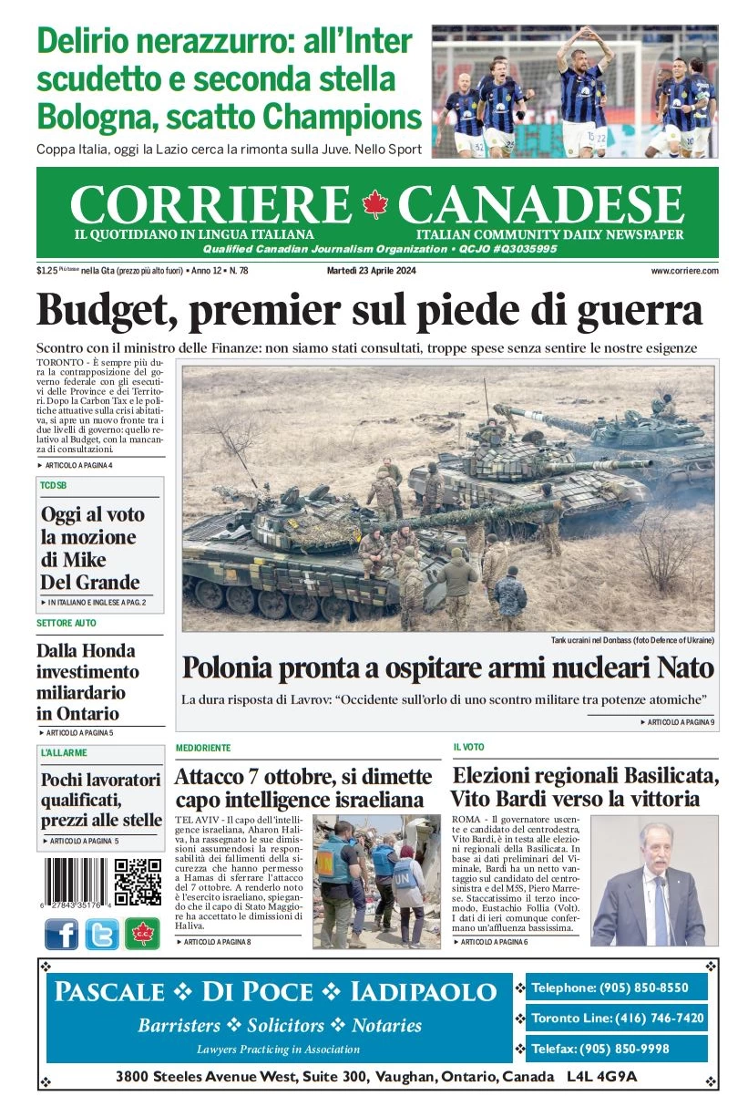prima pagina - Corriere Canadese del 23/04/2024