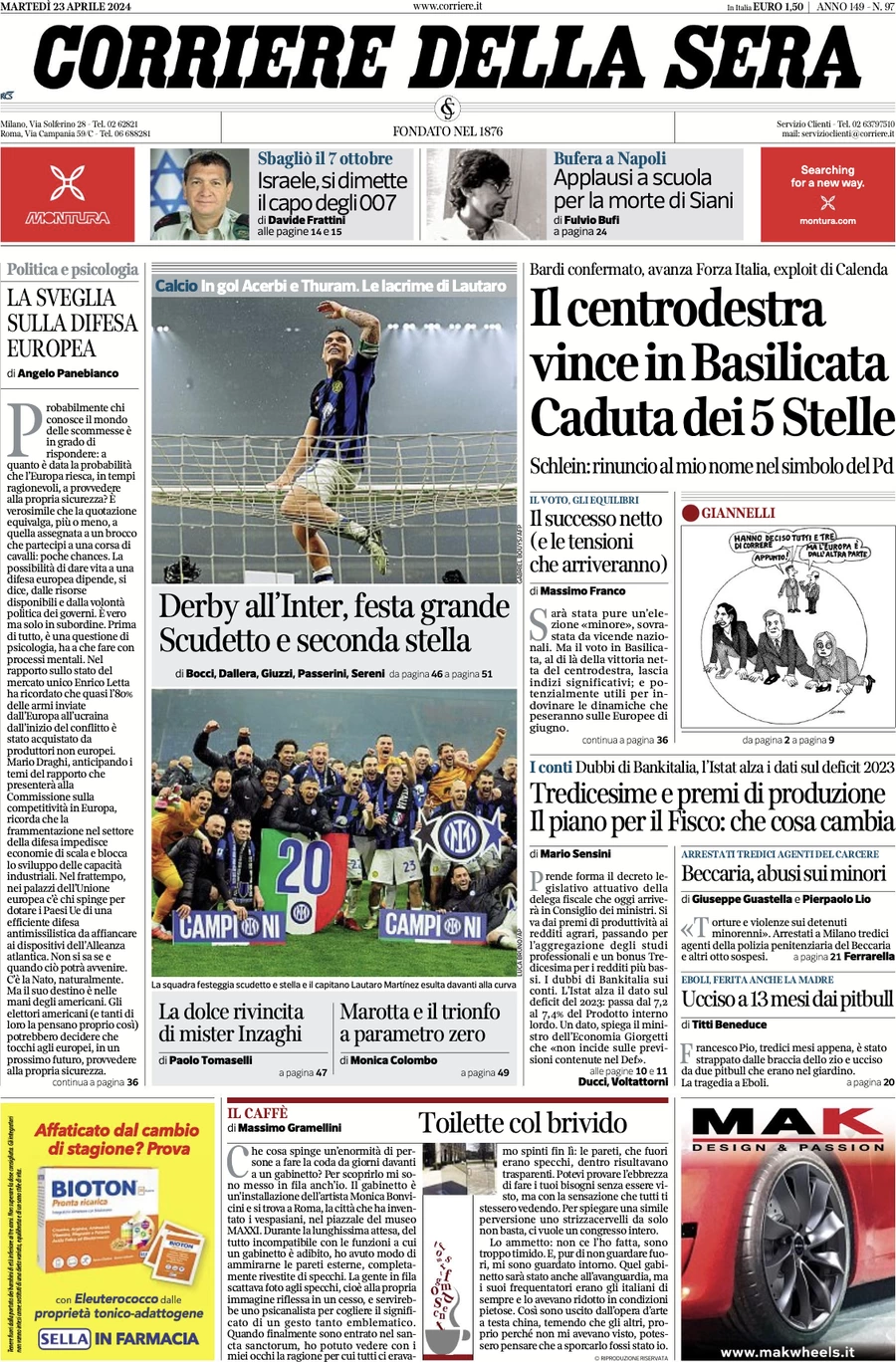 prima pagina - Corriere della Sera del 23/04/2024