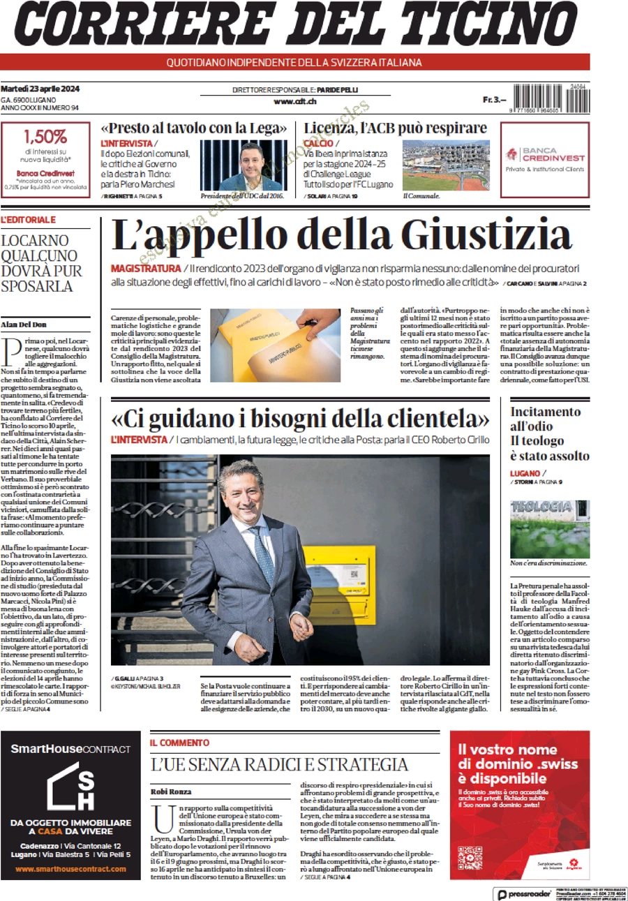prima pagina - Corriere del Ticino del 23/04/2024