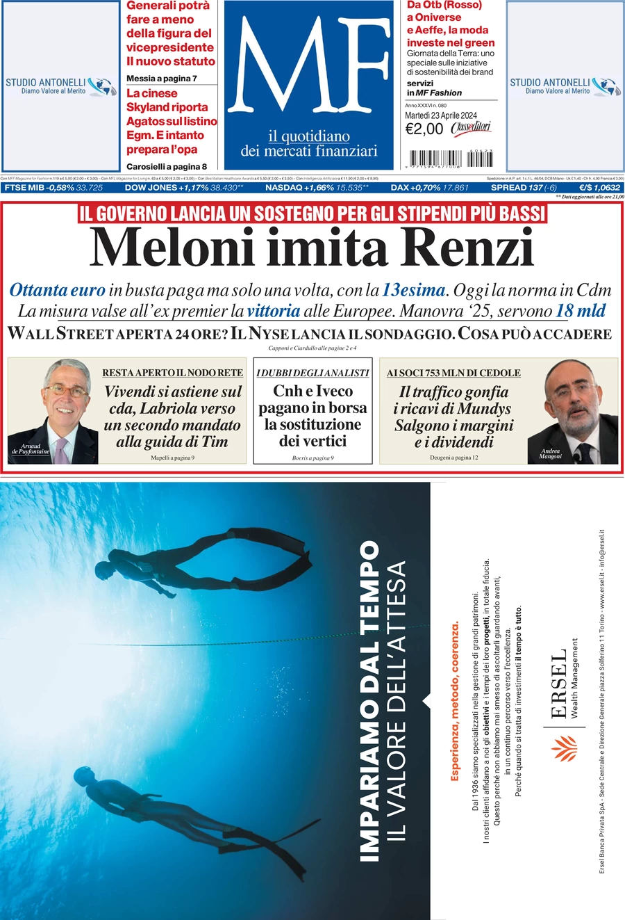 prima pagina - MF Milano Finanza del 23/04/2024