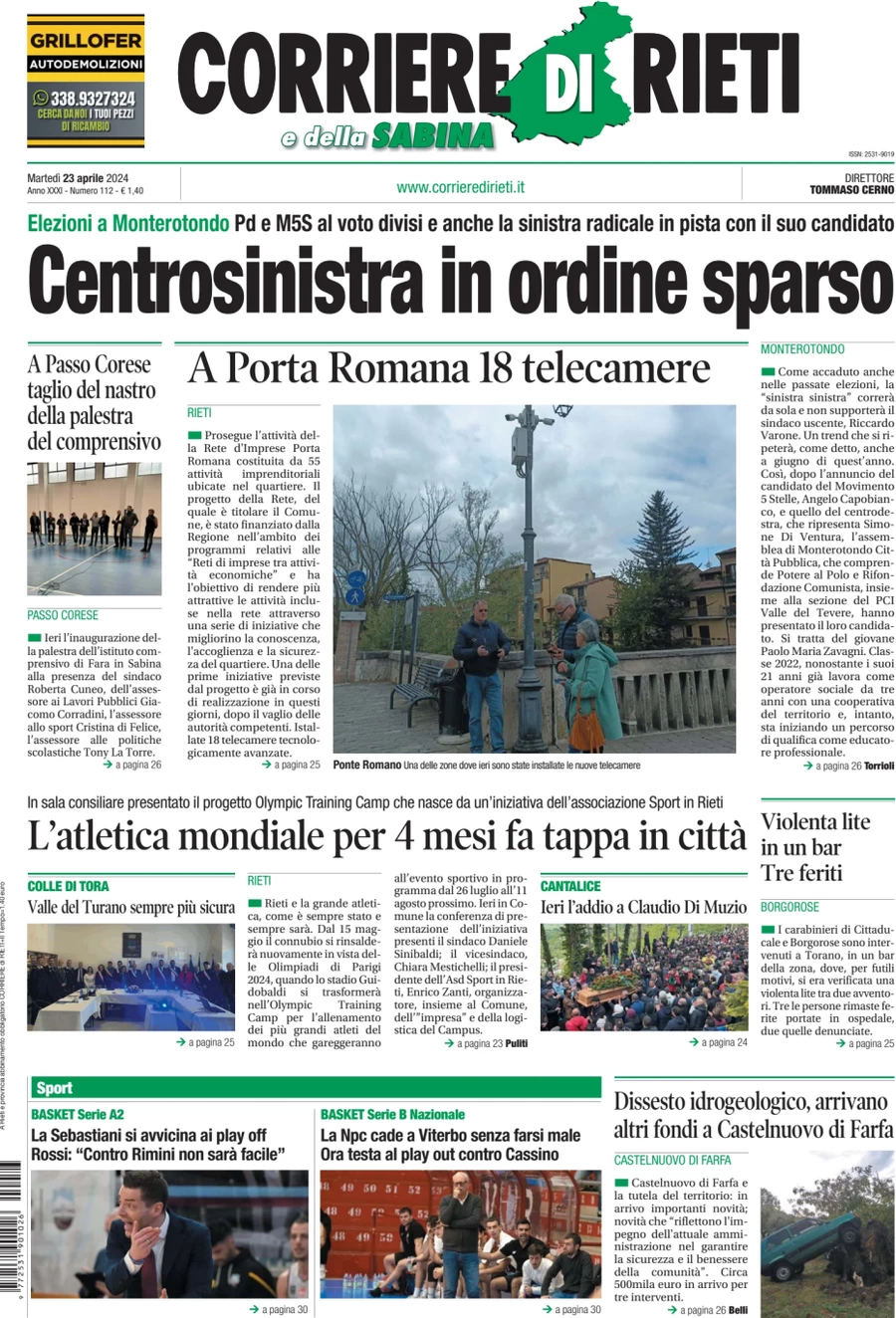 anteprima della prima pagina di corriere-di-rieti-e-della-sabina del 23/04/2024