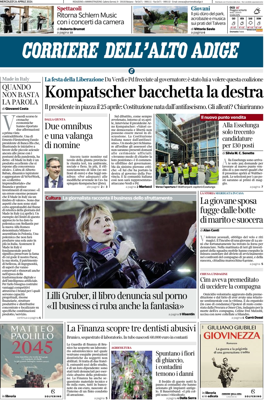 anteprima della prima pagina di corriere-dellalto-adige del 24/04/2024
