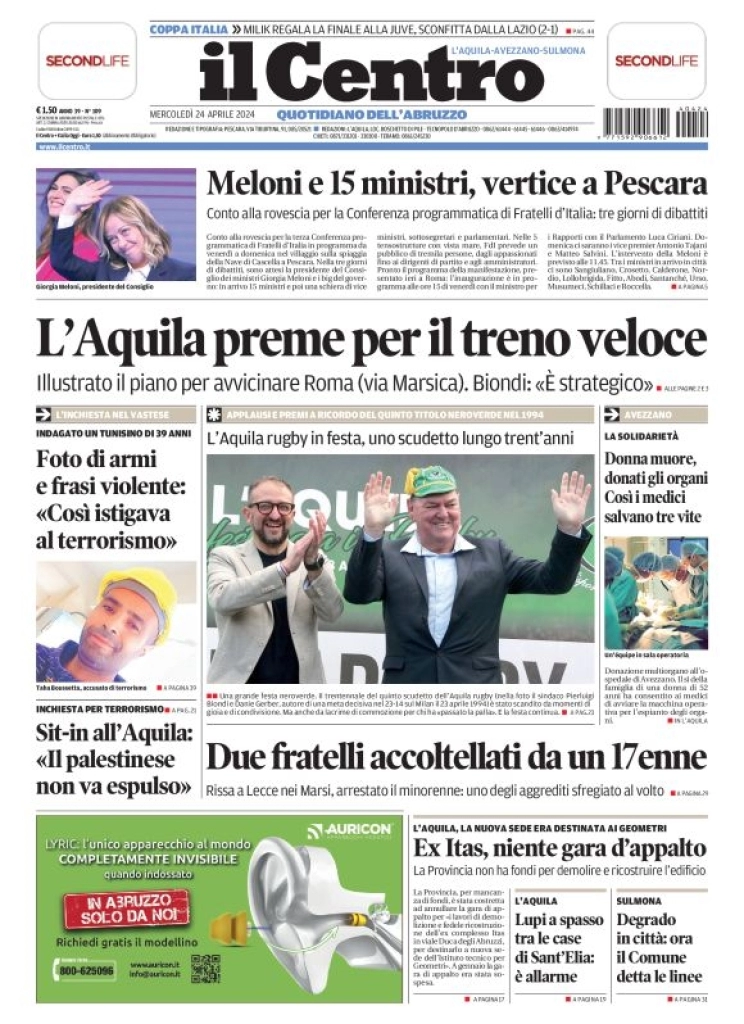 prima pagina - Il Centro (L'Aquila) del 24/04/2024