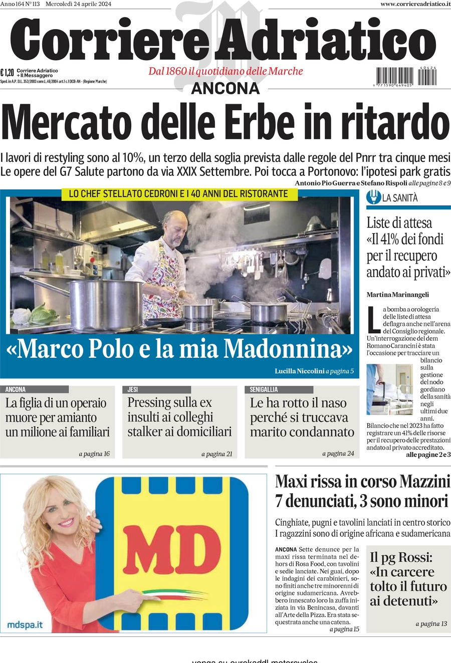 anteprima della prima pagina di corriere-adriatico-ancona del 24/04/2024