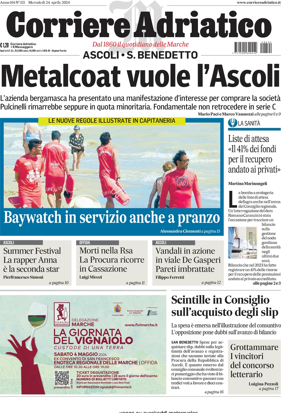 anteprima della prima pagina di corriere-adriatico-ascoli del 24/04/2024