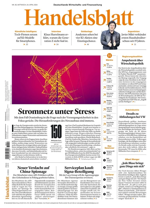 anteprima della prima pagina di handelsblatt del 24/04/2024