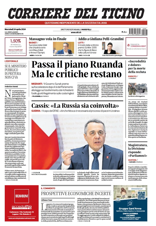 prima pagina - Corriere del Ticino del 24/04/2024