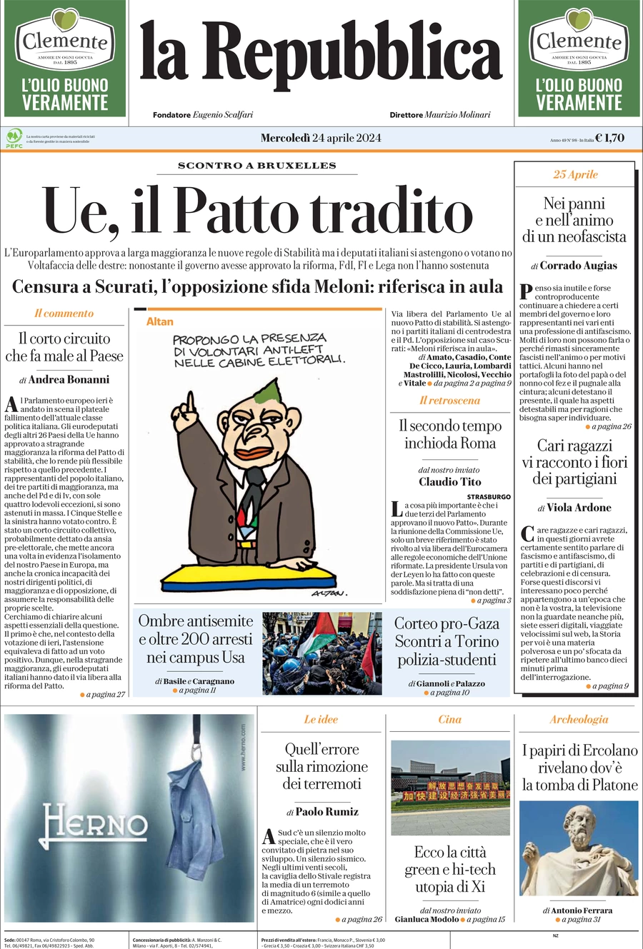 prima pagina - La Repubblica del 24/04/2024