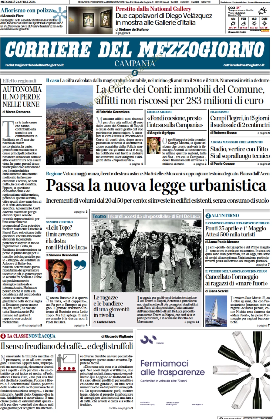 anteprima della prima pagina di corriere-del-mezzogiorno-campania del 24/04/2024