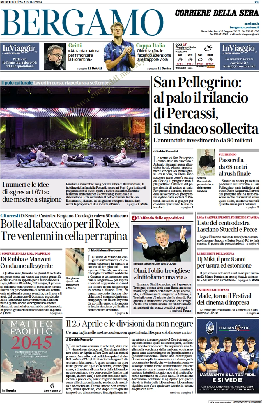 anteprima della prima pagina di corriere-della-sera-bergamo del 24/04/2024