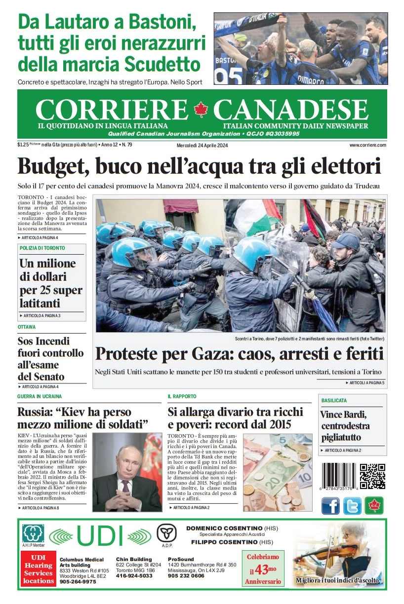 prima pagina - Corriere Canadese del 24/04/2024