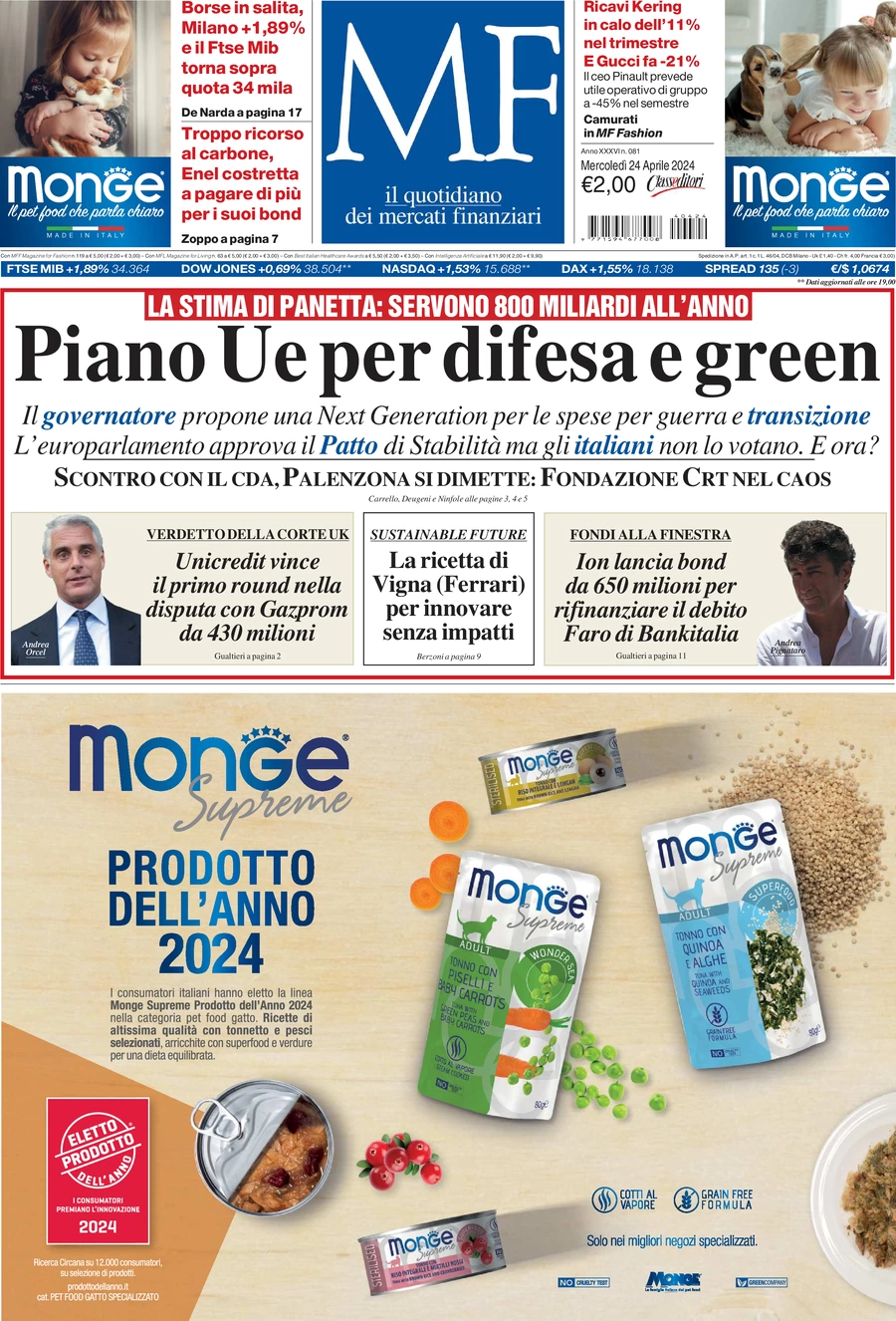 prima pagina - MF Milano Finanza del 24/04/2024