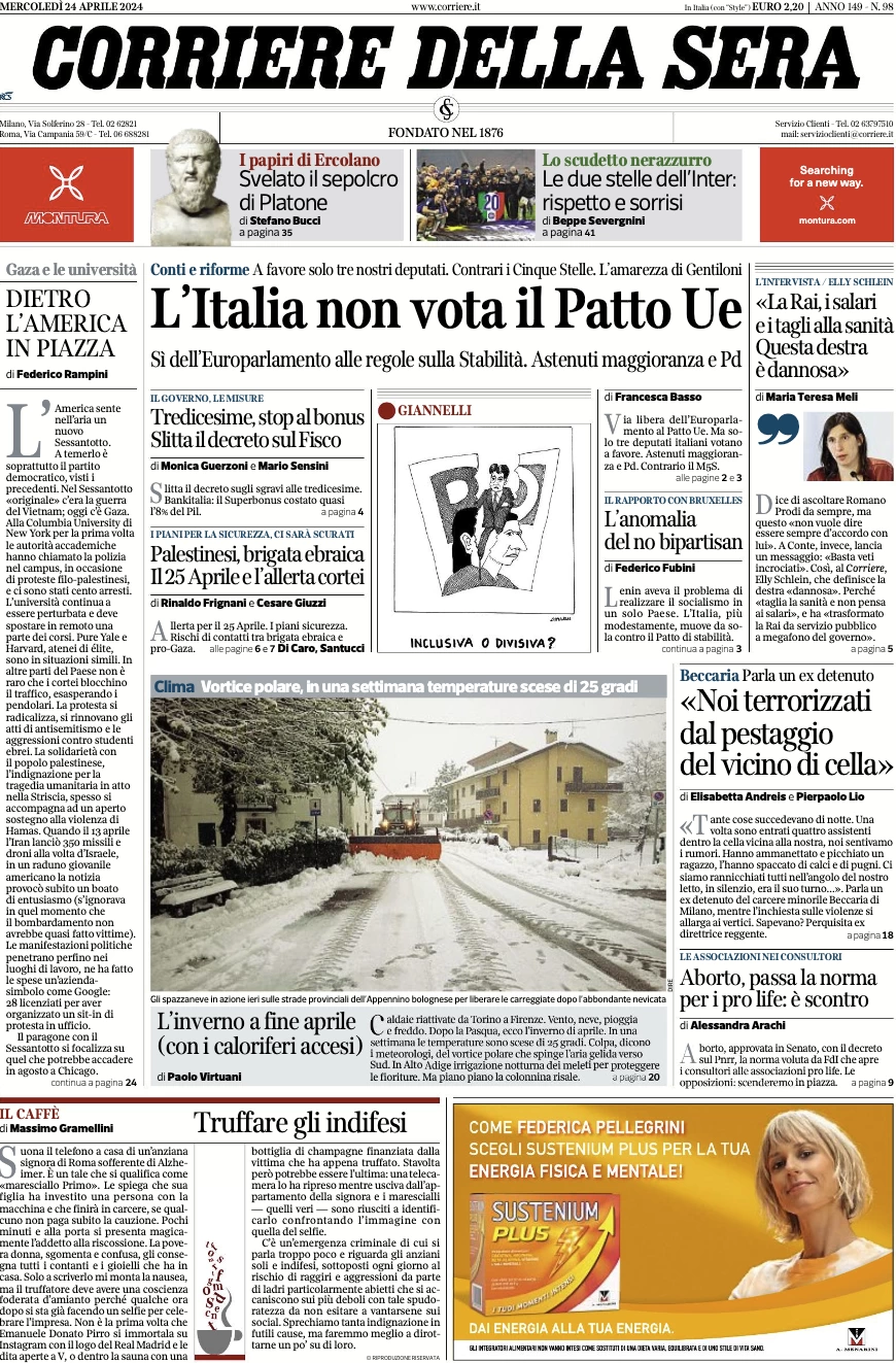 prima pagina - Corriere della Sera del 24/04/2024