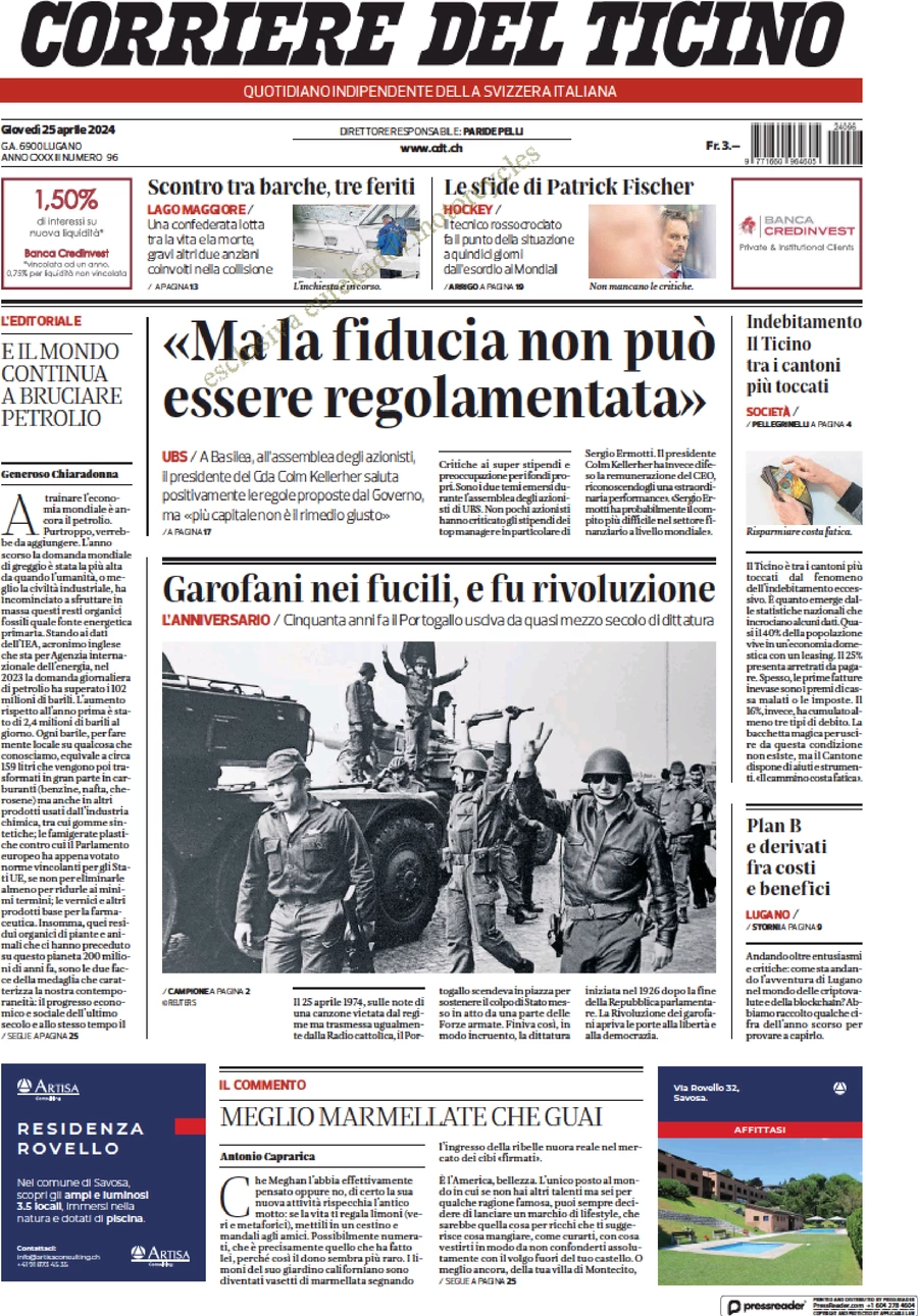 prima pagina - Corriere del Ticino del 25/04/2024