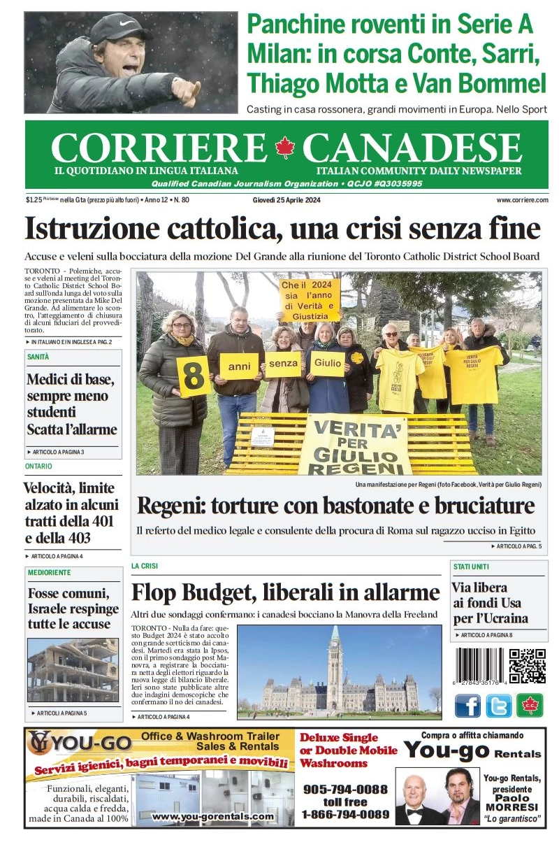 prima pagina - Corriere Canadese del 25/04/2024