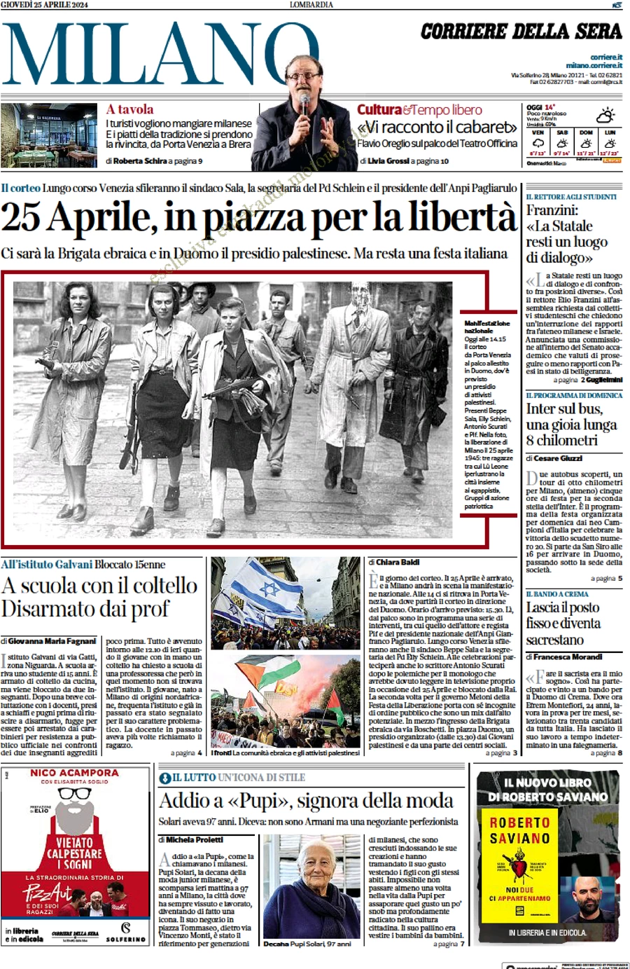 anteprima della prima pagina di corriere-della-sera-milano del 25/04/2024