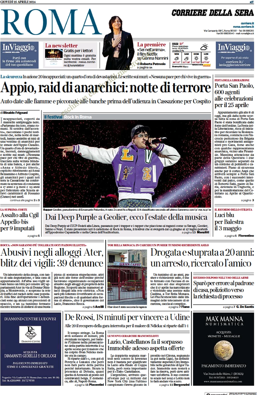 anteprima della prima pagina di corriere-della-sera-roma del 25/04/2024