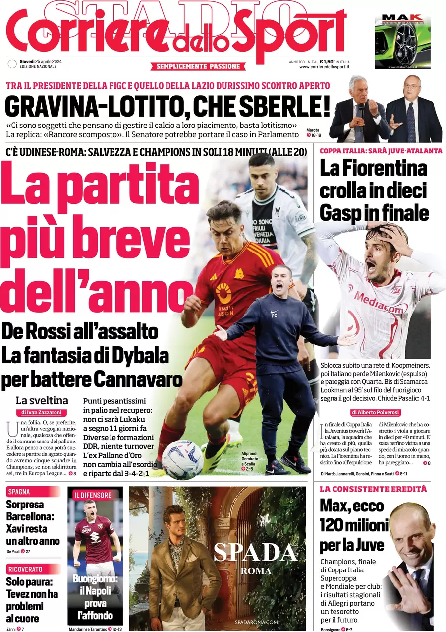 prima pagina - Corriere dello Sport del 25/04/2024