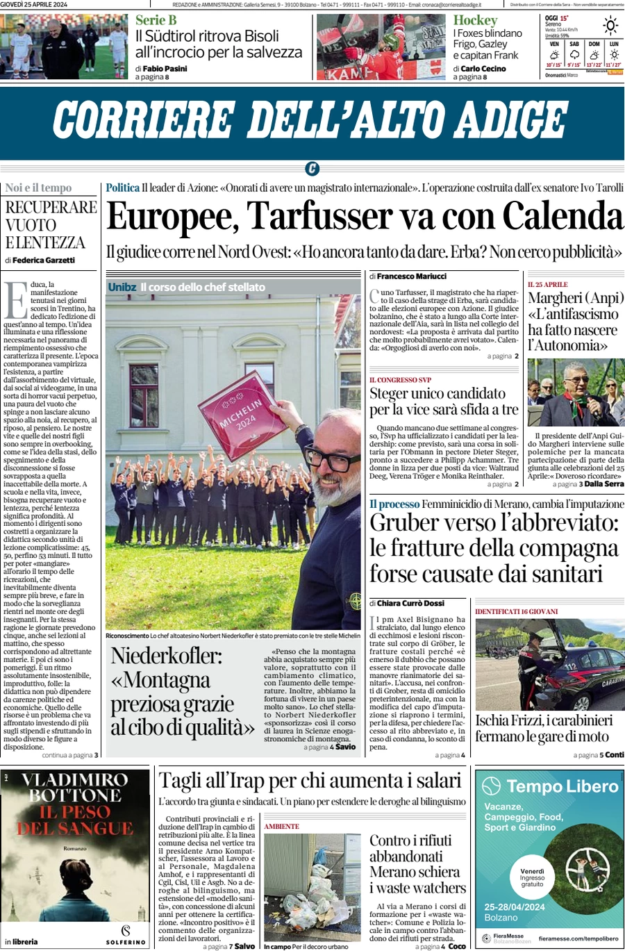 anteprima della prima pagina di corriere-dellalto-adige del 25/04/2024
