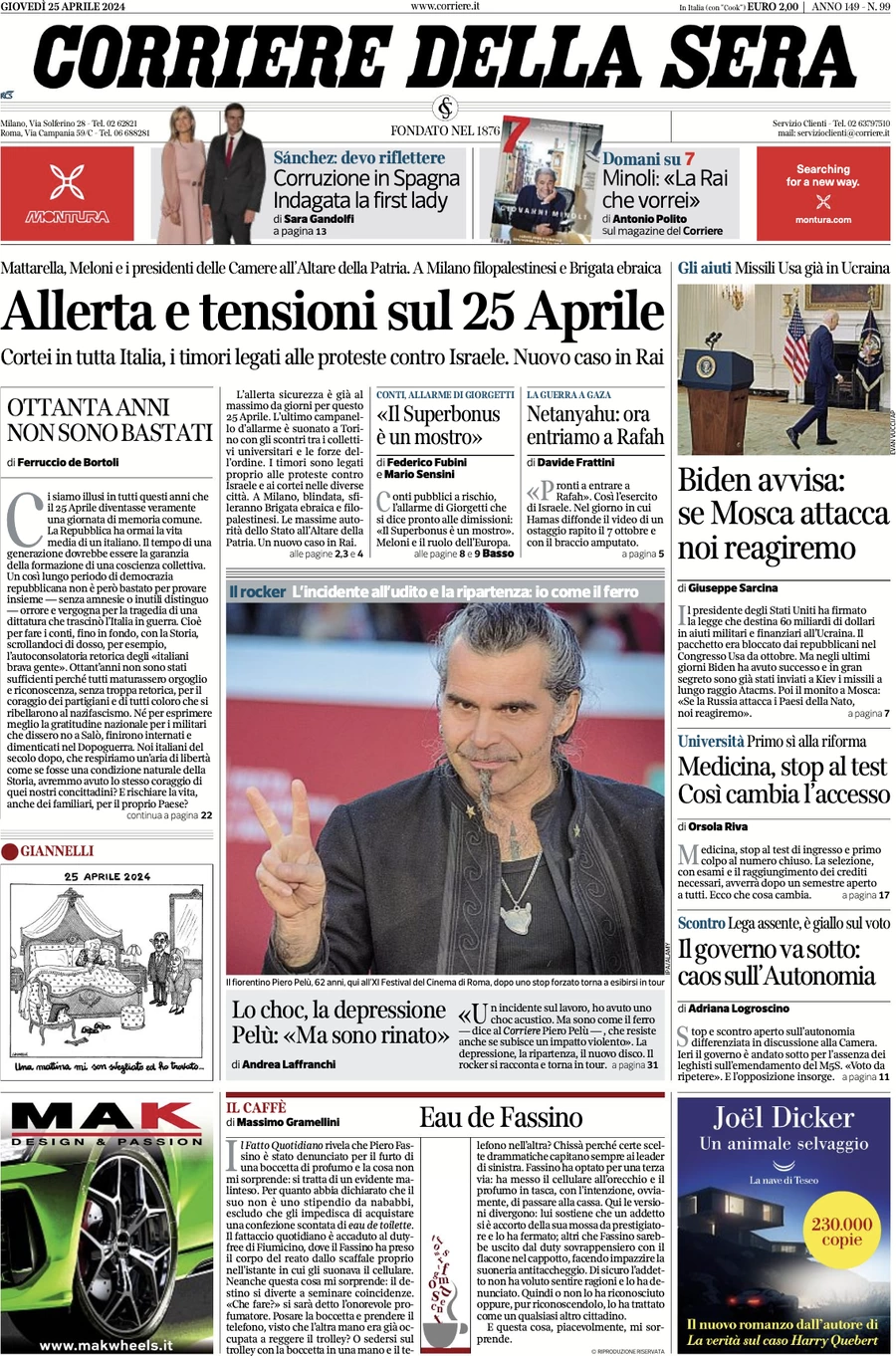 prima pagina - Corriere della Sera del 25/04/2024