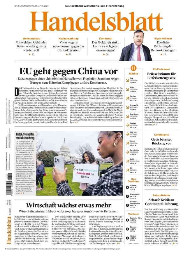 anteprima della prima pagina di handelsblatt del 25/04/2024