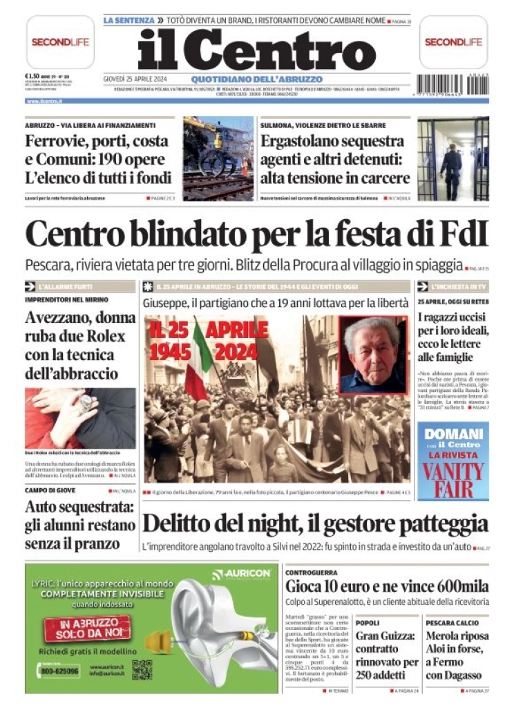 prima pagina - Il Centro (Pescara) del 25/04/2024