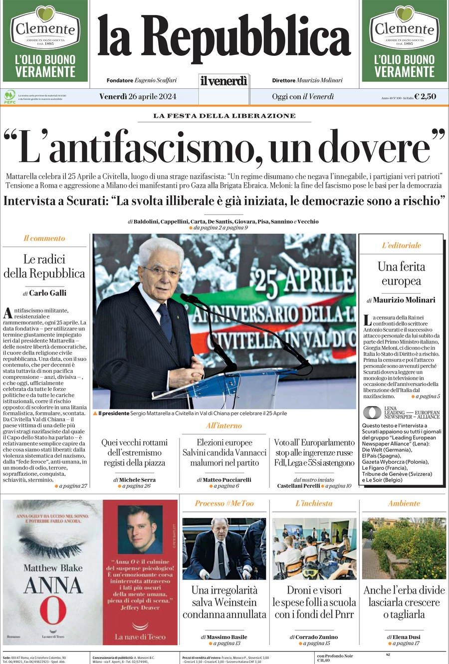 prima pagina - La Repubblica del 26/04/2024
