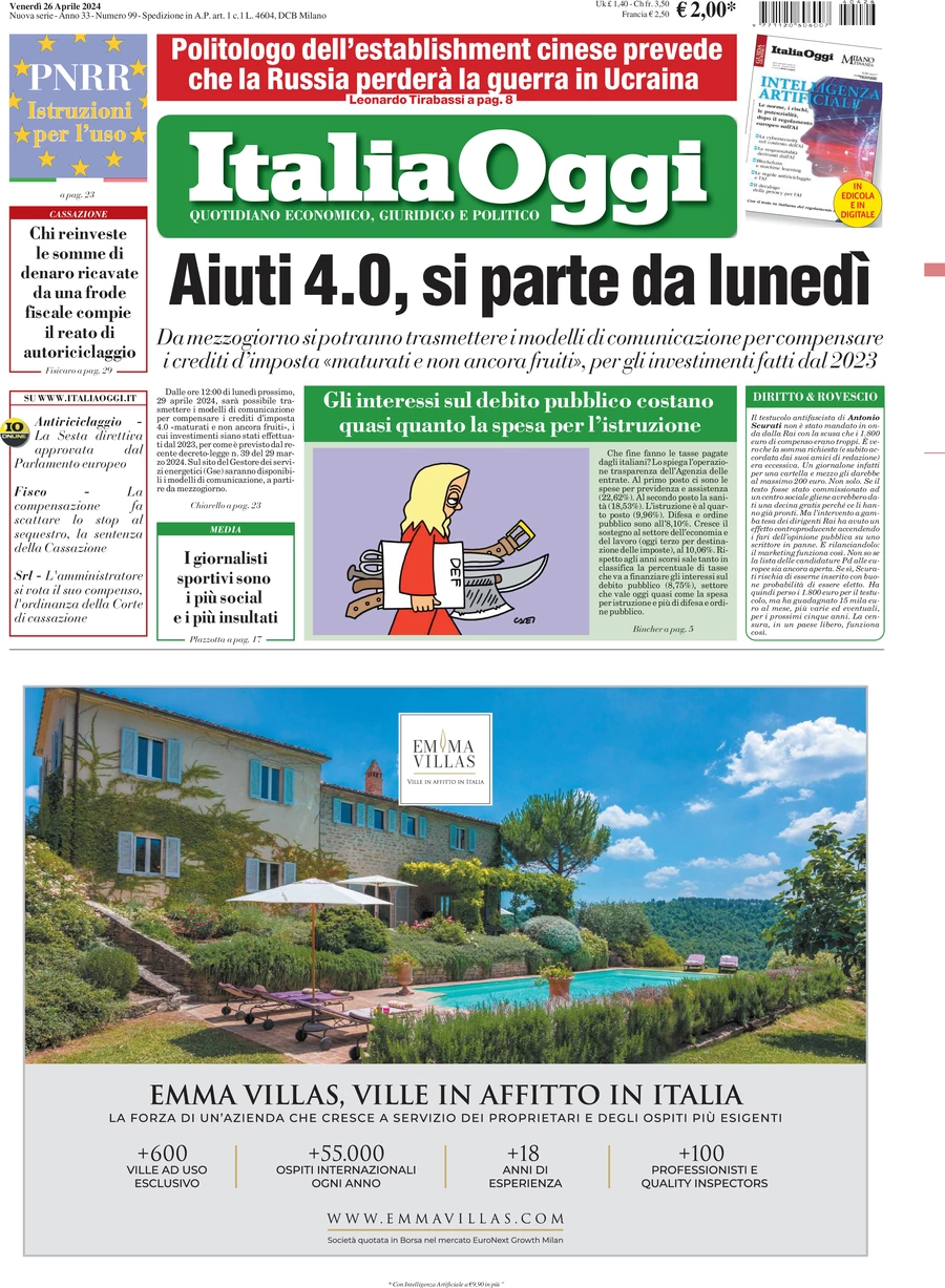 prima pagina - ItaliaOggi del 26/04/2024