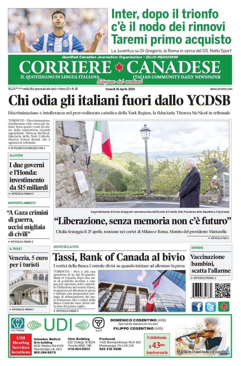 prima pagina - Corriere Canadese del 26/04/2024