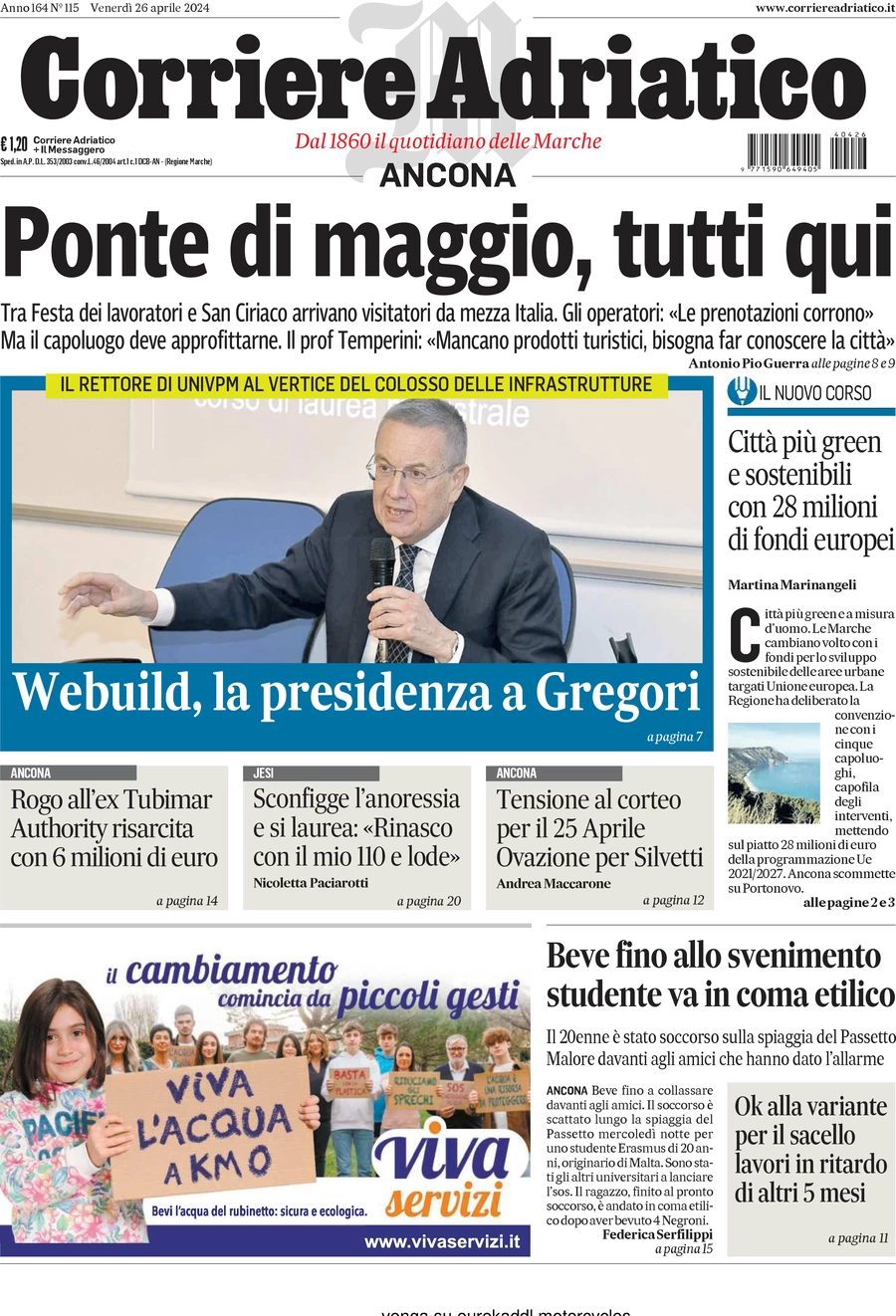 anteprima della prima pagina di corriere-adriatico-ancona del 26/04/2024