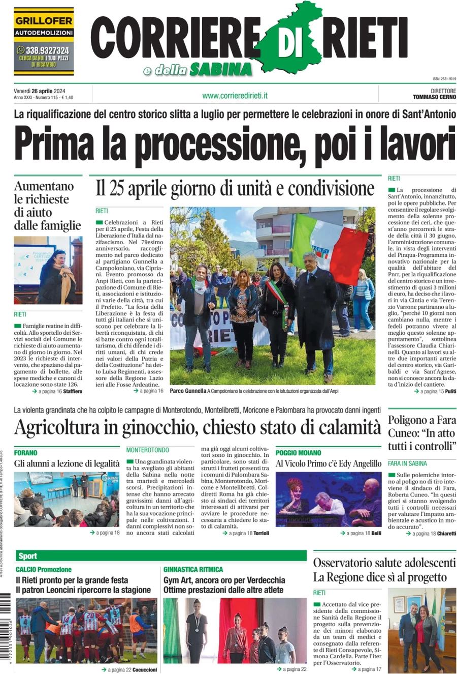 anteprima della prima pagina di corriere-di-rieti-e-della-sabina del 26/04/2024
