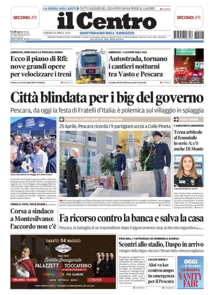 prima pagina - Il Centro (Pescara) del 26/04/2024