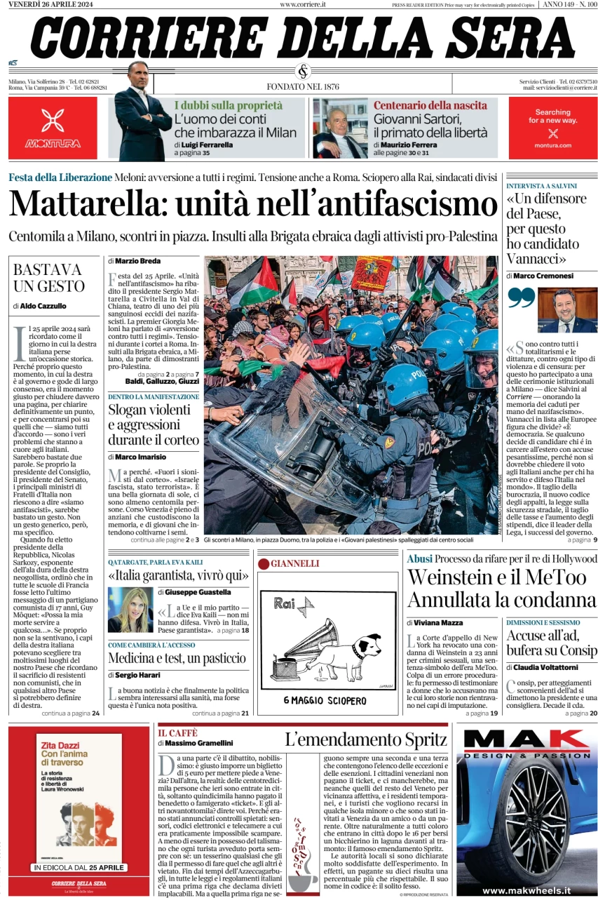 prima pagina - Corriere della Sera del 26/04/2024