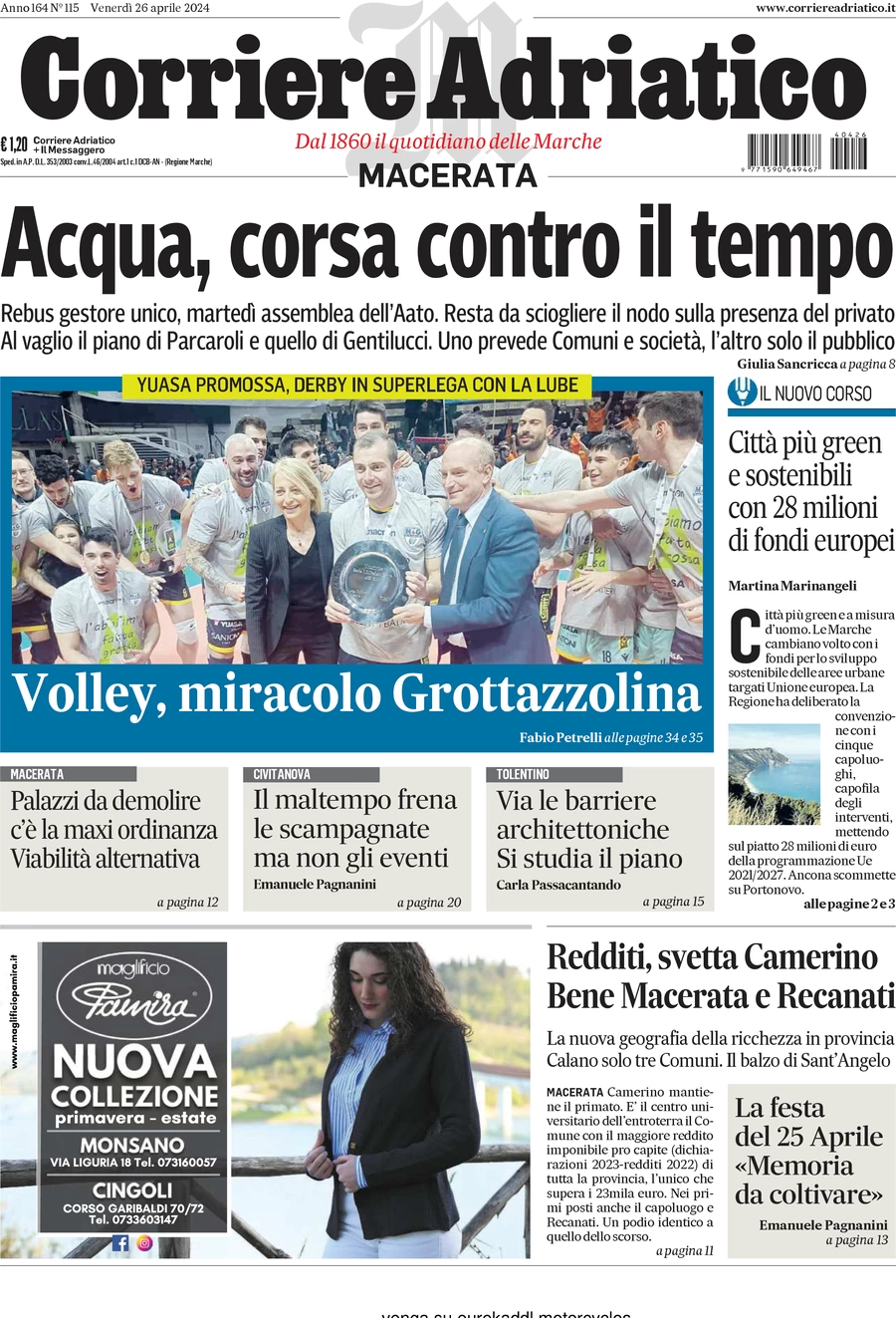 anteprima della prima pagina di corriere-adriatico-macerata del 26/04/2024