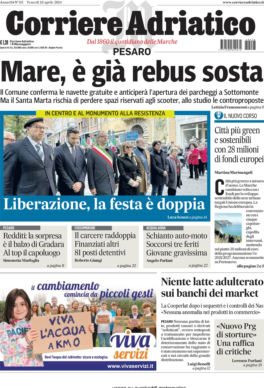 anteprima della prima pagina di corriere-adriatico-pesaro del 26/04/2024