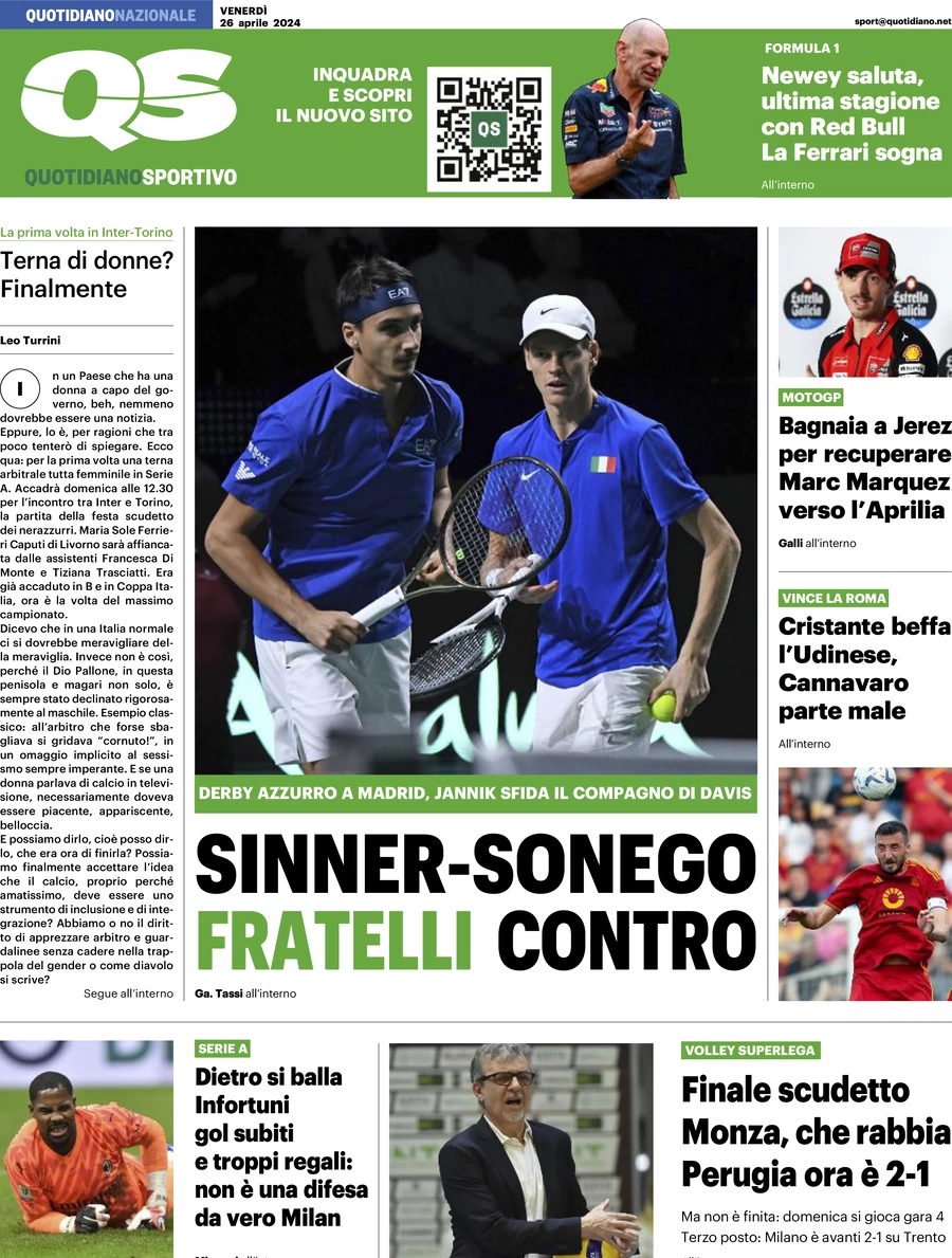 prima pagina - QS Quotidiano Sportivo del 26/04/2024