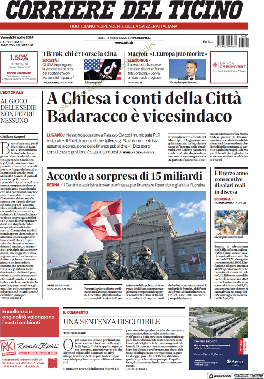 prima pagina - Corriere del Ticino del 26/04/2024