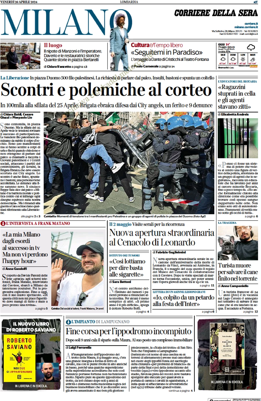 anteprima della prima pagina di corriere-della-sera-milano del 26/04/2024