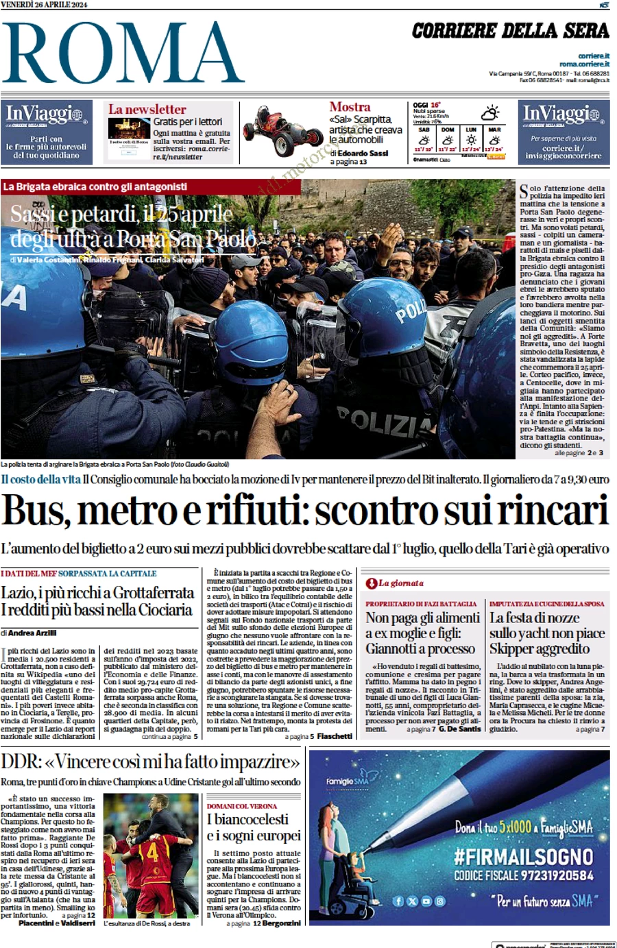 anteprima della prima pagina di corriere-della-sera-roma del 26/04/2024